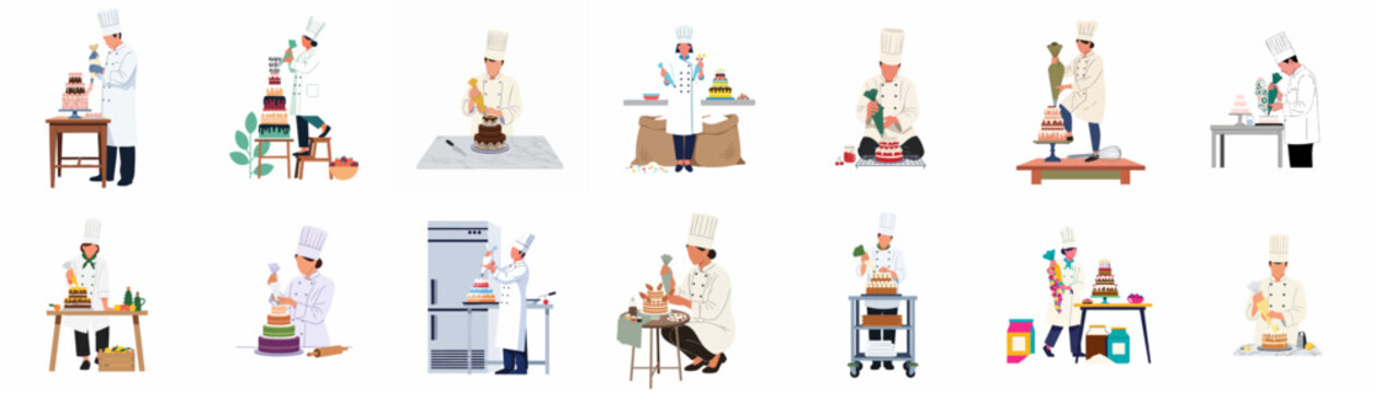 Collection of professional pastry chefs and bakers decorating various cakes with piping bags, flat vector illustration style isolated on a white background.