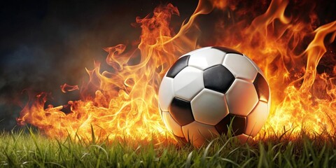 Fototapeta premium Fiery Passion A Soccer Ball Rests in Blazing Infernal Flames Amidst Lush Green Grass
