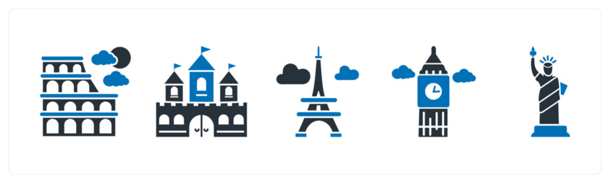 A set of 5 mix icons as colosseum, fort, eiffel tower