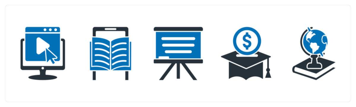 A set of 5 mix icons as e learning, mobile learning, white board