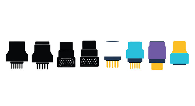 An assortment of computer and electronic connector types in various colors