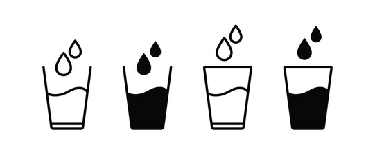 Drinking water drops glass icon set. Water glass with water drop icon set. Drinks glass symbols. Drinking water symbol. Vector Illustration © Khuki