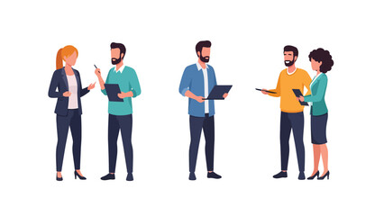 Obraz premium Professional team collaboration with digital tablets for business discussion, flat vector illustration