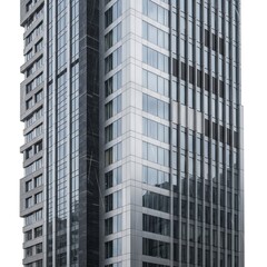Fototapeta premium Modern skyscraper with glass facade in urban environment.