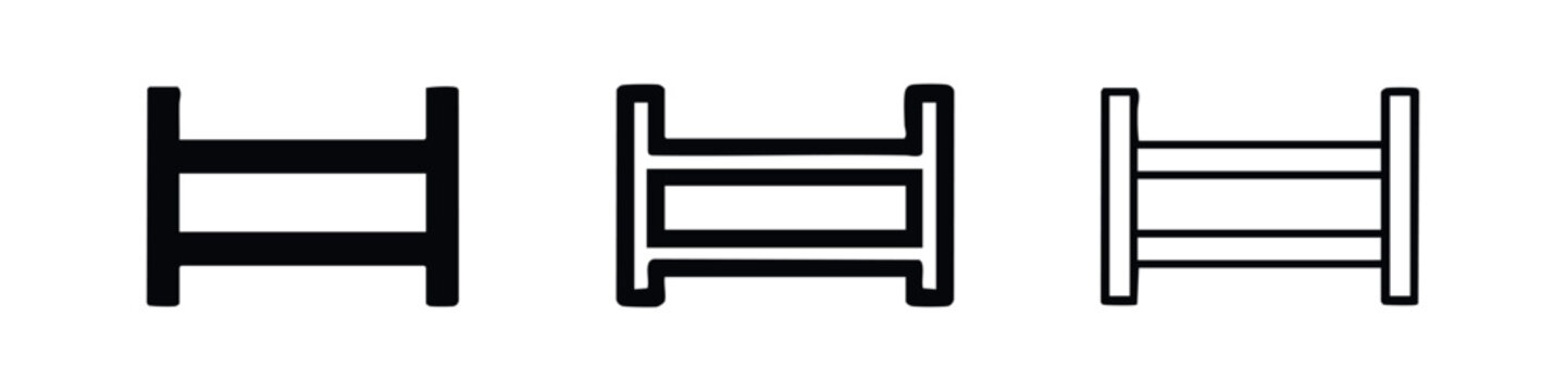 Ladder rungs or parallel bars icon set in various styles: filled, thick outline, and thin outline on white background