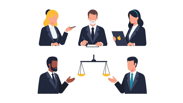Legal Professionals & Justice Scales. Diverse Lawyers, Judges, and Consultants in Flat Vector Illustration Set for Law & Business