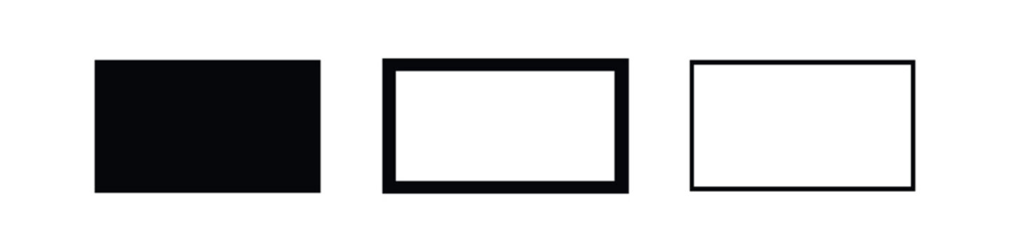 Square frame icon set in solid, bold outline, and thin outline styles on a clean white background