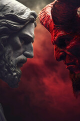 Fototapeta premium God devil angel demon good evil, heaven hell battle conflict confrontation duel, rivalry opposite religion spiritual faith temptation