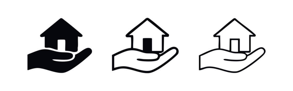 Hand holding a house icon set. Real estate, property, and home ownership symbol in glyph, outline, and thin line styles.