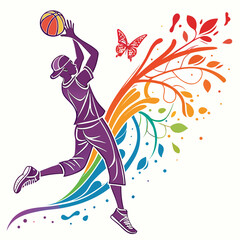 Basketball player jumping for slam dunk silhouette with dynamic colorful swirls of plants and butterflies for sports motivation design on background. © Ella