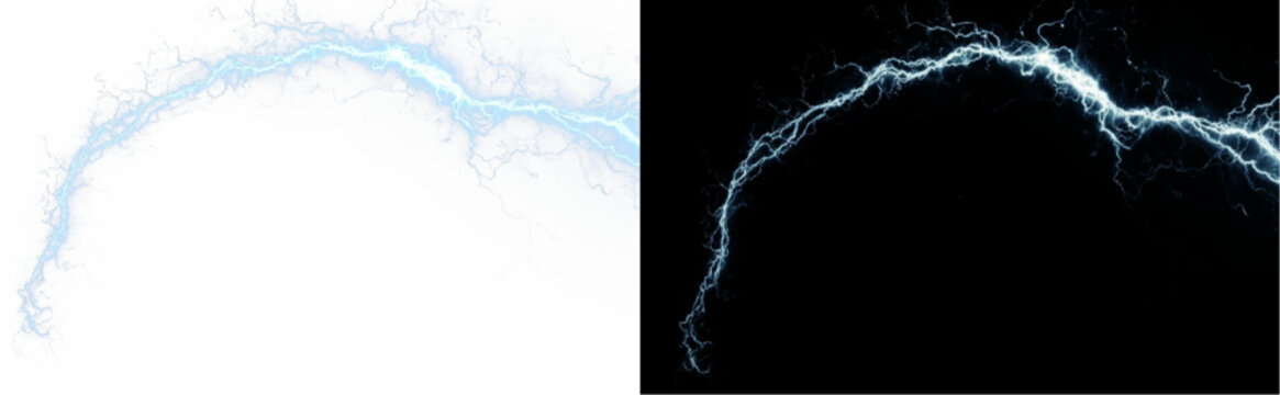 Realistic blue lightning arc or electric discharge isolated on black and white background, powerful energy spark effect