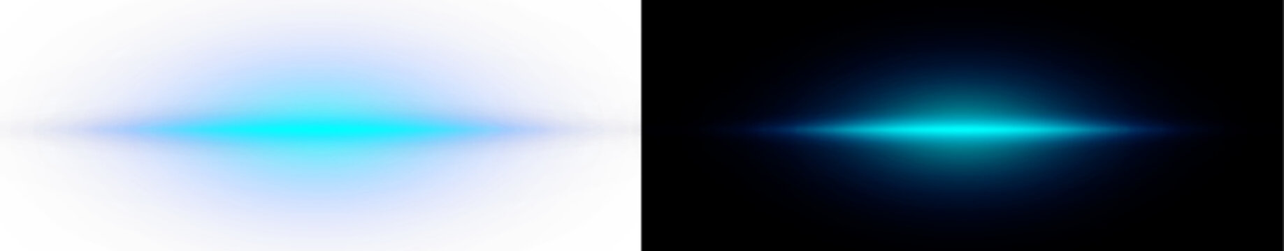Blue anamorphic lens flare light beam effect with neon glow isolated on black and white background, horizontal light streak