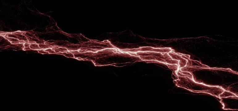 Red realistic lightning strike or electric discharge isolated on black background, powerful electrical energy storm effect