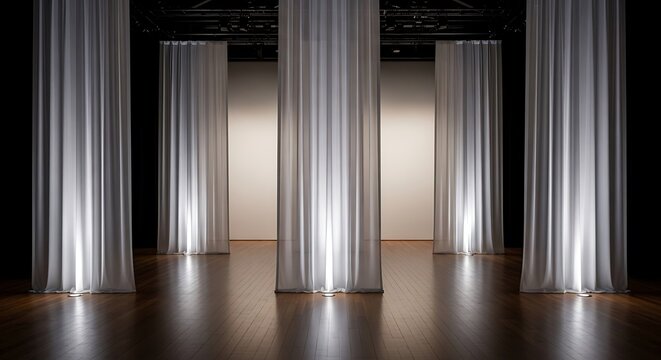 Ethereal Columns of Sheer Fabric, Illuminated on a Polished Wood Surface