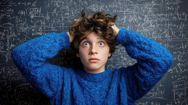 Student boy teenager confused frustrated stressed, overwhelmed studying learning education school classroom, blackboard chalkboard math physics science equations formulas