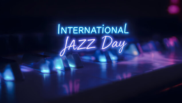 Glowing international jazz day text over piano keys, perfect for promoting events, concerts, and celebrations related to jazz music.