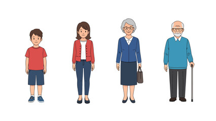 Fototapeta premium Diverse Generations: Child, Young Adult, Elderly Man & Woman. Vector illustration of people at different life stages.