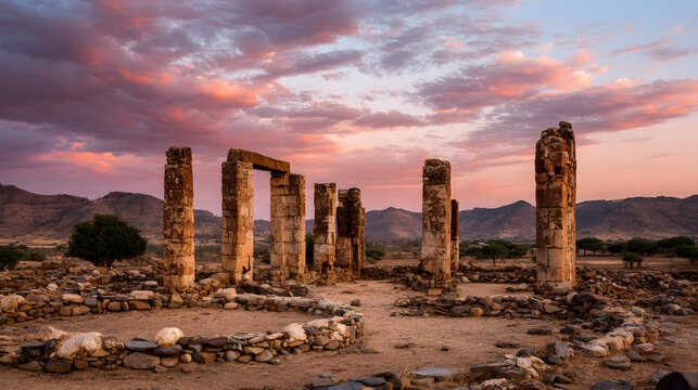 ruins of the Mariam Wakino temple in the ancient city of Qohaito, Eritrea. background illustration of historical sites in eritrea.