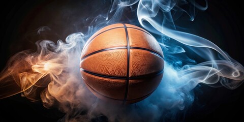 Obraz premium A basketball engulfed in swirling orange and blue smoke, a dramatic visual representing the intensity and excitement of the game