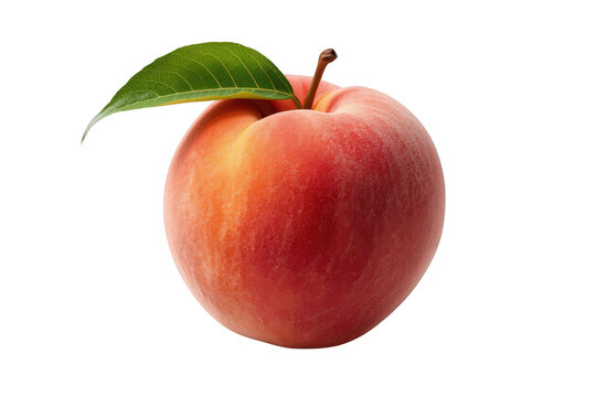 Fresh ripe peach with green leaf, juicy fruit for healthy eating, harvest and organic food concept, transparent background