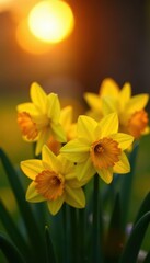 Fototapeta premium Sunset casts warm light on a cluster of daffodils, petals glowing , picture, evening, landscape