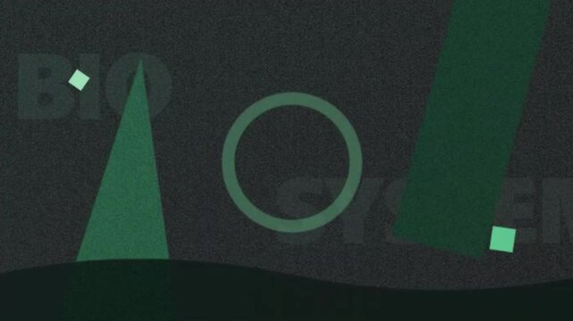 Abstract green geometric motion graphics background with bio system text and organic film grain texture overlay
