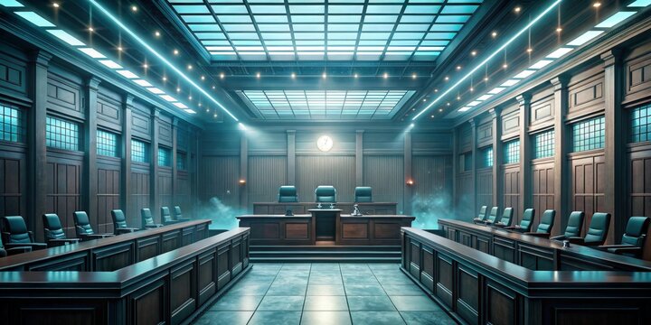 An atmospheric rendering of a majestic courtroom, featuring intricate wood paneling, elegant seating arrangements, and a dramatic lighting design, ideal for legal or dramatic productions.