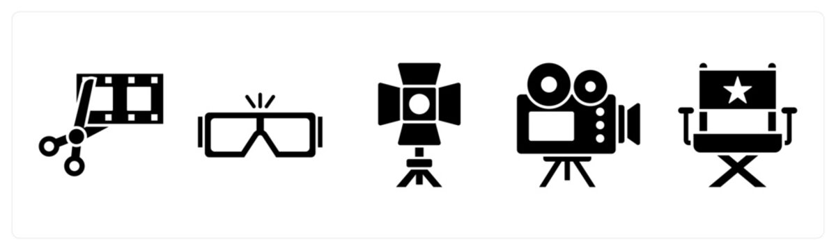 A set of 5 mix icons as movie editing, 3d glasses, spotlight