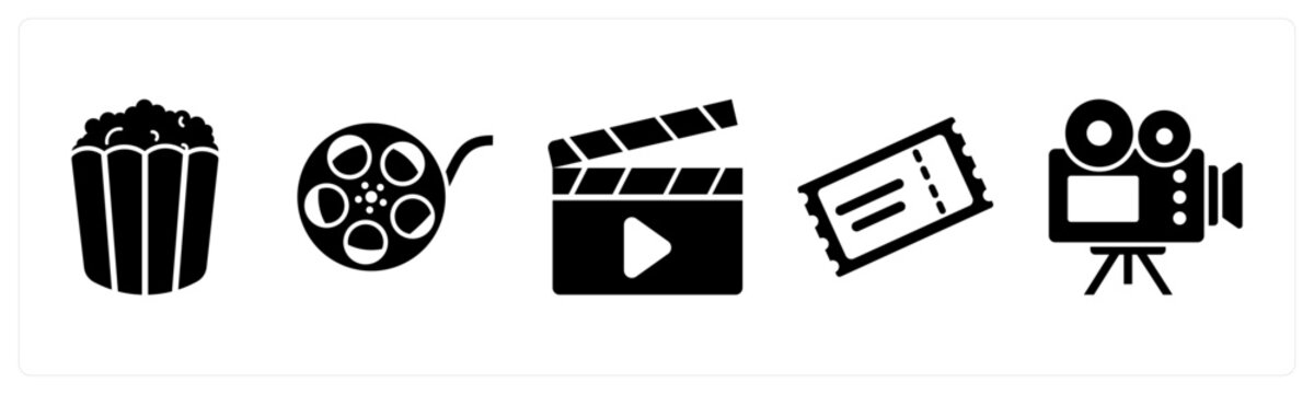 A set of 5 mix icons as popcorn, movie reel, clapper board
