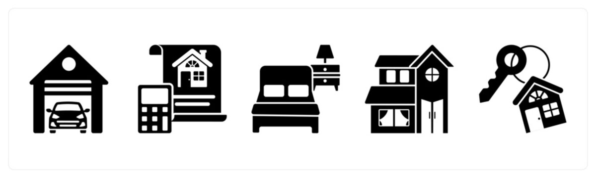 A set of 5 mix icons as garage, property budget, bed