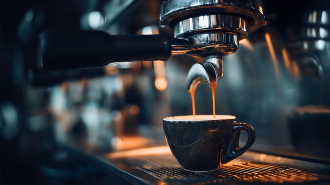 Coffee espresso machine brewer maker pouring, liquid cup glass caffeine beverage morning, breakfast cafe barista restaurant shop professional