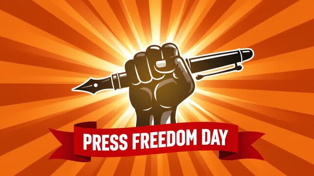 Powerful fist holding glowing pen for Press Freedom Day illustration