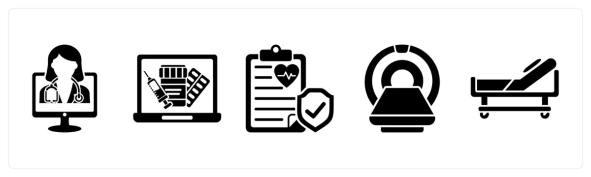A set of 5 mix icons as online doctor, online pharmacy, medical insurance