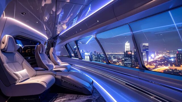 Interior of a futuristic transport vehicle, overlooking a city skyline at night