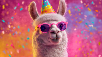 Fototapeta premium Llama alpaca party birthday celebration confetti, sunglasses hat festive fun colorful vibrant, pink purple rainbow animal cute funny
