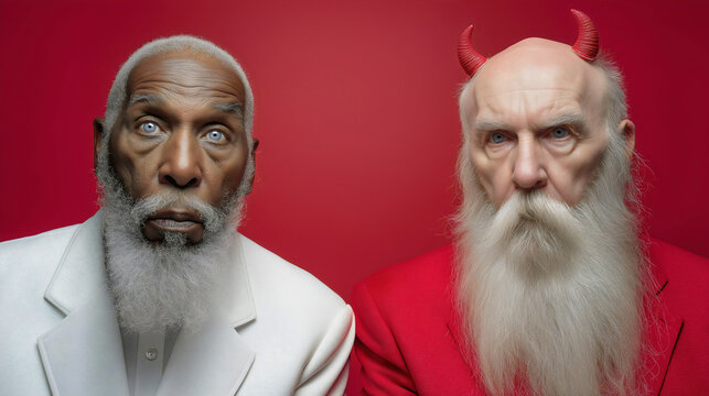 Angel devil heaven hell dichotomy contrast, good evil men elderly beard white, red horns suits supernatural religious mythology