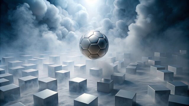 A silver sphere floats amidst a hazy landscape of cubic forms, illuminated by a soft, ethereal light
