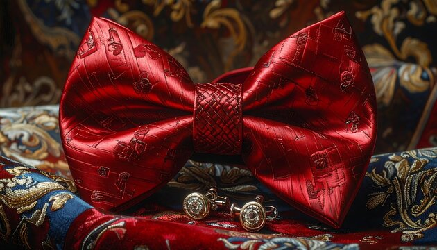 A luxurious red bow tie and cufflinks on elegant fabric