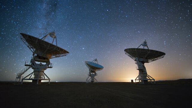 Three Massive Radio Telescope Dishes Under a Starry Milky Way Night Sky