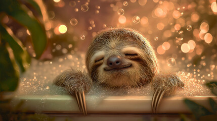 Fototapeta premium Sloth bath bubbles cute relaxing happy, smile foam tub water animal mammal, furry claws content peaceful serene warm