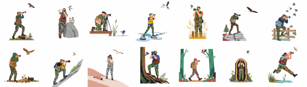 Collection of diverse wildlife photographers in camouflage gear capturing various bird species across different natural habitats in a flat vector style.