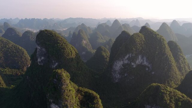 Karst Mountains and Hills Aerial Yangshuo Guilin China