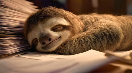 Fototapeta premium Sloth sleeping tired office paperwork desk, nap work lazy cute animal mammal, furry wildlife procrastination burnout exhausted business