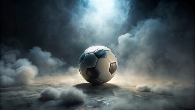 A lone soccer ball rests on a misty field, illuminated by a single spotlight, creating a dramatic and evocative scene.