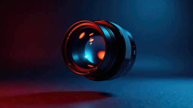 A captivating close-up showcasing a camera lens, illuminated by vibrant red and blue lighting, seemingly floating against a dark backdrop.