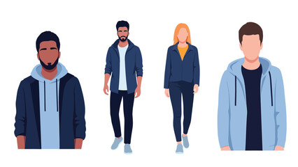 Fototapeta premium Diverse Young Adults in Casual Wear Flat Vector Illustration. Modern People in Hoodies and Jackets, Lifestyle Set