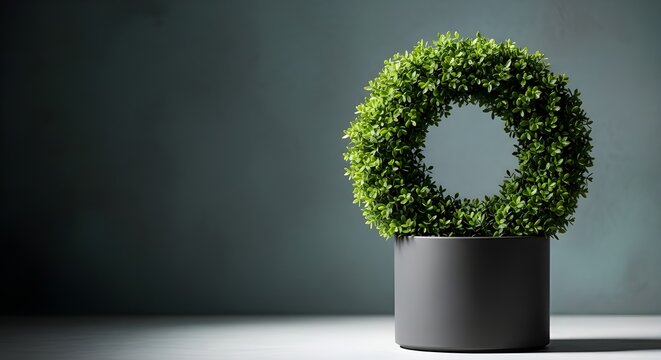 Elegant wreath shaped topiary in a modern black planter