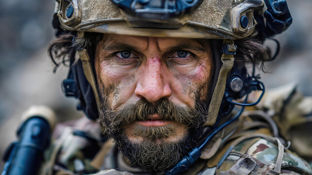Serious bearded special forces operator with intense blue eyes in a dynamic cinematic portrait, featuring tactical helmet and camouflage gear in a mountain field setting
