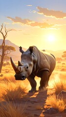 Fototapeta premium A large rhino walks through a savannah during sunset