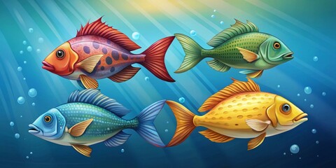Fototapeta premium Vibrant aquatic life flourishes in a sunlit ocean environment with schools of colorful fish gracefully swimming among shimmering bubbles and gentle water currents.